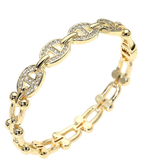 14K Gold Plated CZ Pave Mariner Industrial Link Hinged Bangle Bracelet