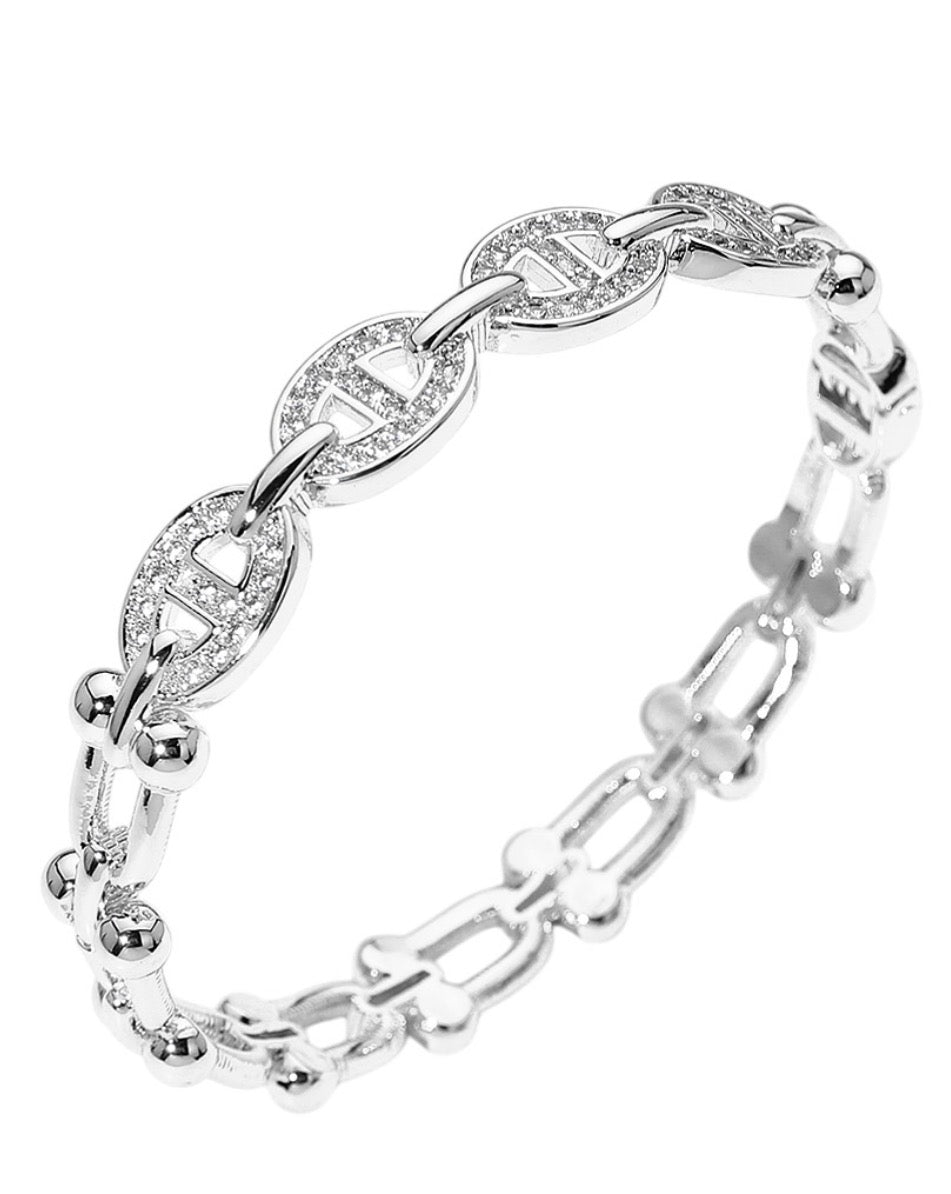 14K Gold Plated CZ Pave Mariner Industrial Link Hinged Bangle Bracelet