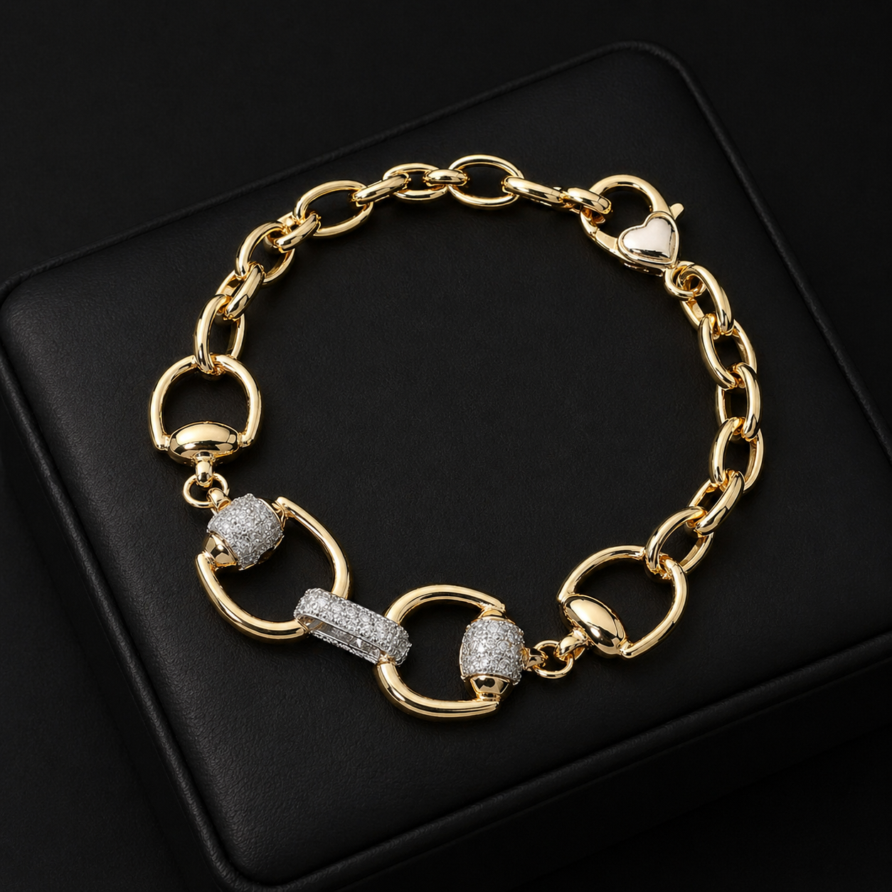 14K Gold Plated Two Tone CZ Pave Link Bar Horsebit Link Bracelet