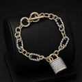 14K Gold Plated CZ Stone Paved Lock Charm Pointed Two Tone Link Toggle Bracelet