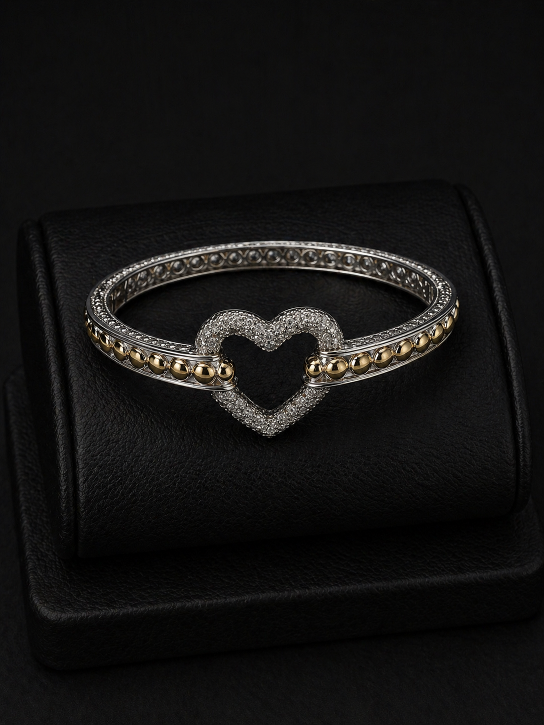 14K GOLD PLATED PAVE CUBIC ZIRCONIA ACCENT HEART BANGLE BRACELET