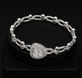 14K Gold Plated Heart CZ Stone Accent Industrial Link Hinged Bangle Bracelet