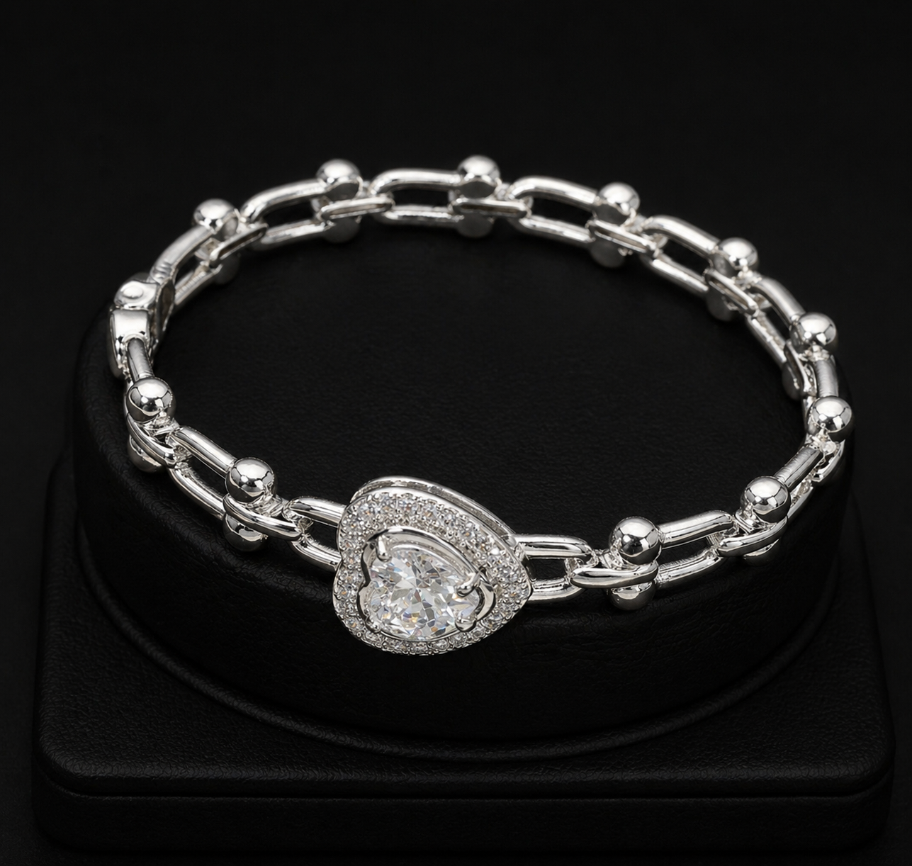 14K Gold Plated Heart CZ Stone Accent Industrial Link Hinged Bangle Bracelet