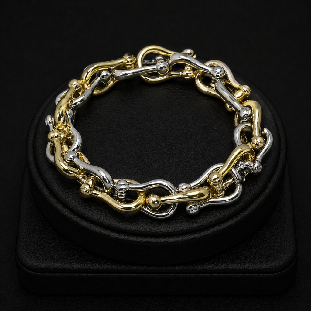 14K Gold Plated Bold Sculpted Link Beaded Stretch Bracelet