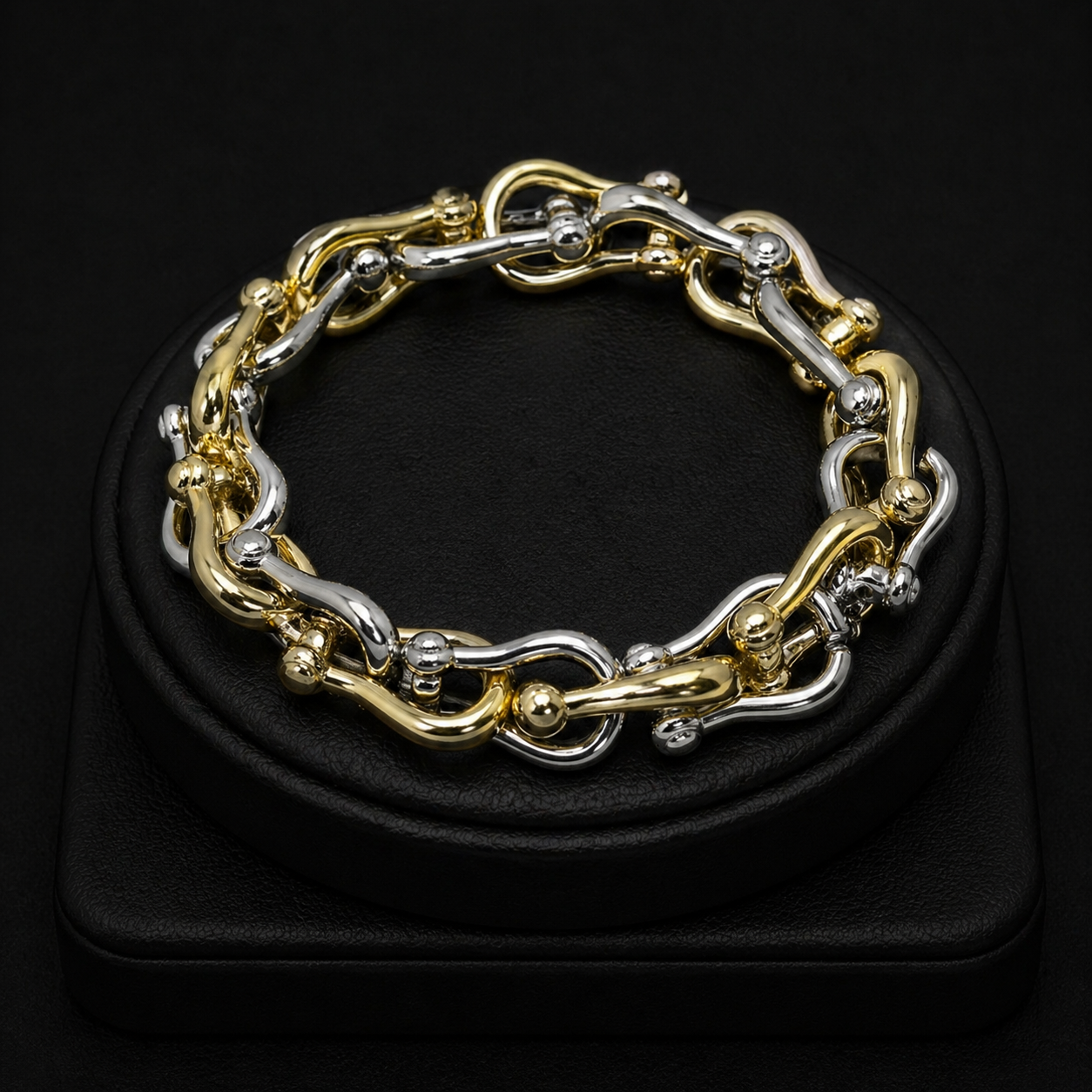 14K Gold Plated Bold Sculpted Link Beaded Stretch Bracelet