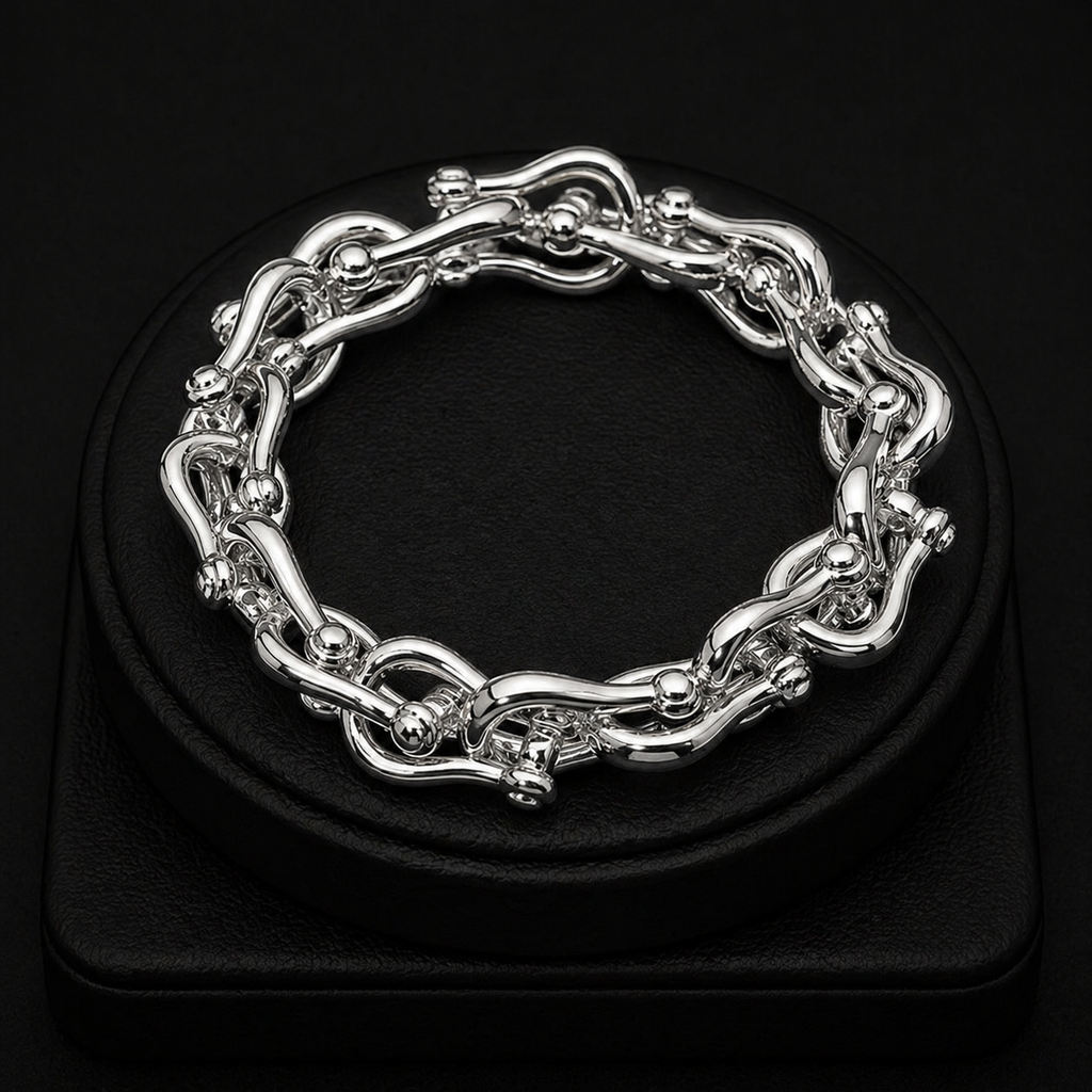 14K Gold Plated Bold Sculpted Link Beaded Stretch Bracelet