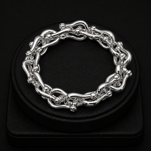14K Gold Plated Bold Sculpted Link Beaded Stretch Bracelet