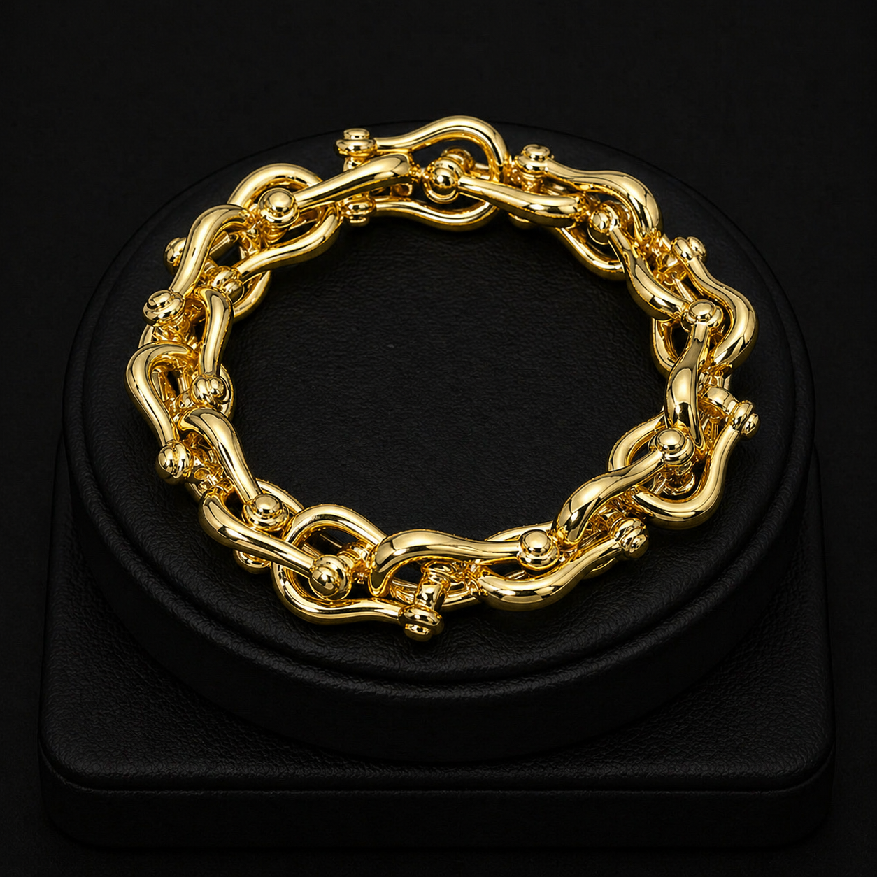 14K Gold Plated Bold Sculpted Link Beaded Stretch Bracelet