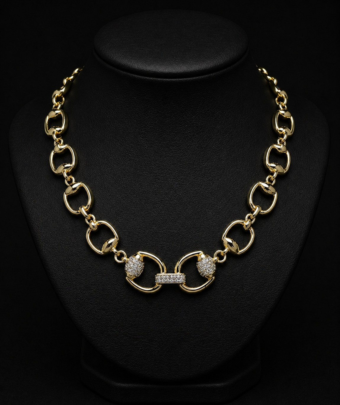 14K GOLD PLATED CUBIC ZIRCONIA ACCENT HORSEBIT LINK NECKLACE