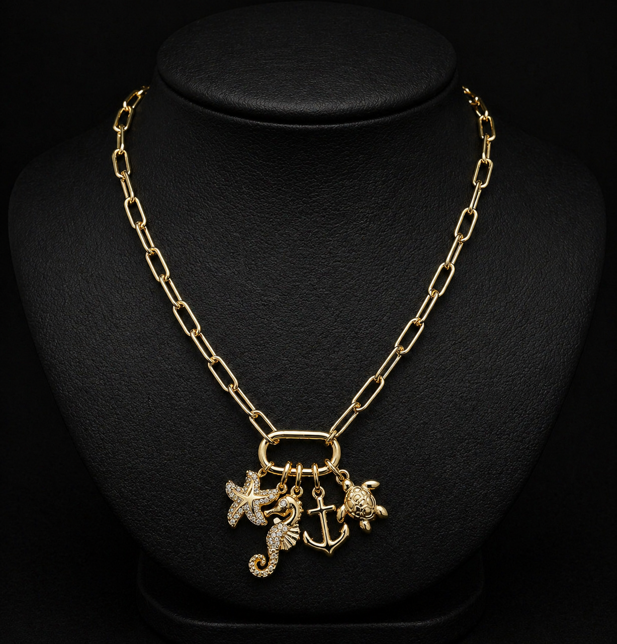 14K Gold Plated CZ Pave Starfish Seahorse Turtle Anchor Charm Carabiner Pendant Paperclip Chain Necklace