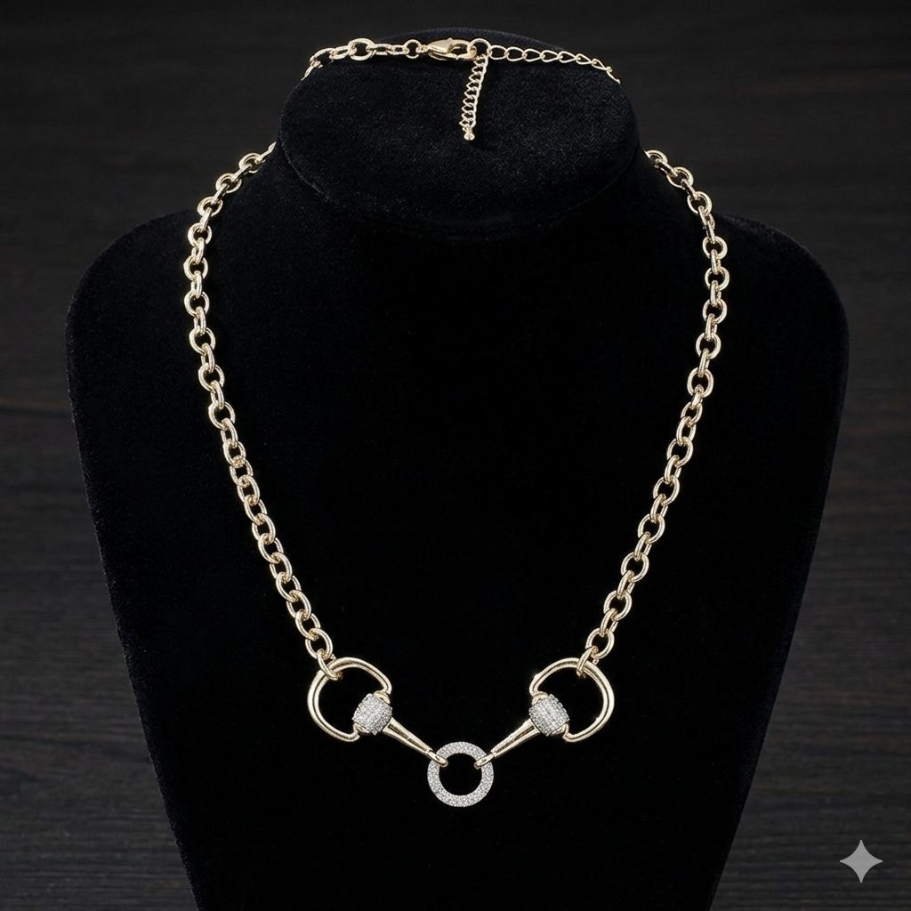 14K Gold Plated CZ Pave Horsebit Link Chain Necklace